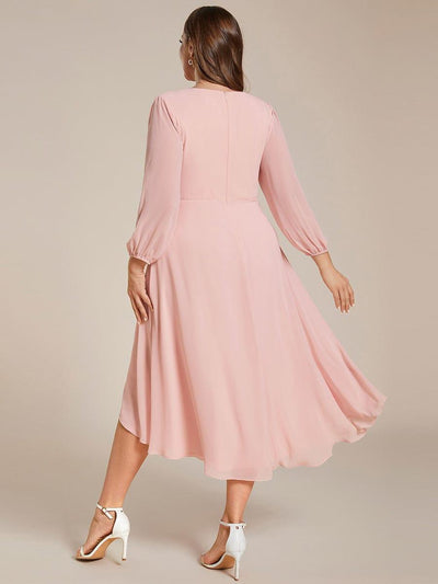 Plus Size Long Sleeve V-Neck Chiffon High Low Wedding Guest Dress #color_Pink