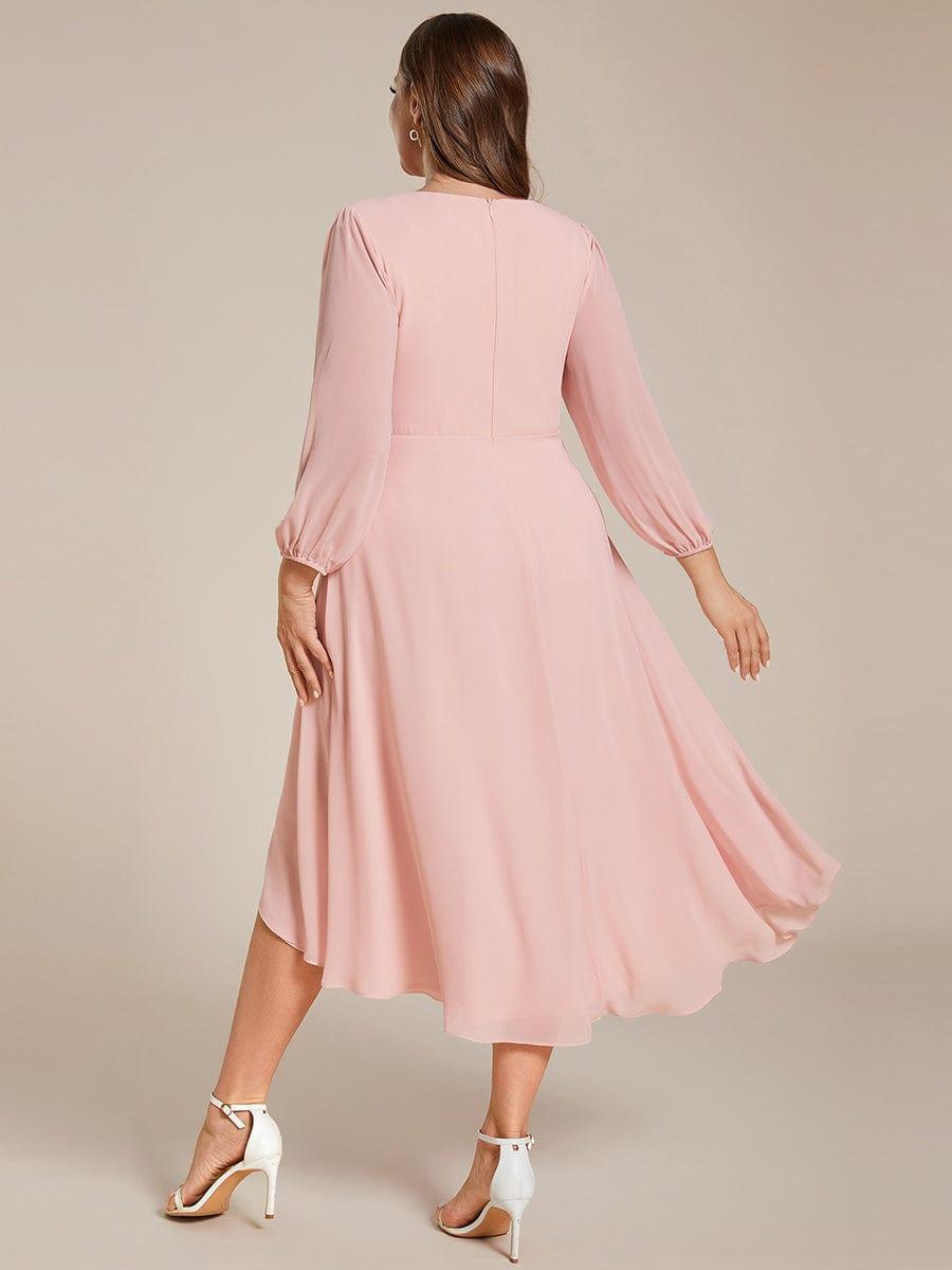 Elegant Long Sleeve V-Neck High Low Chiffon Wedding Guest Dress #color_Pink