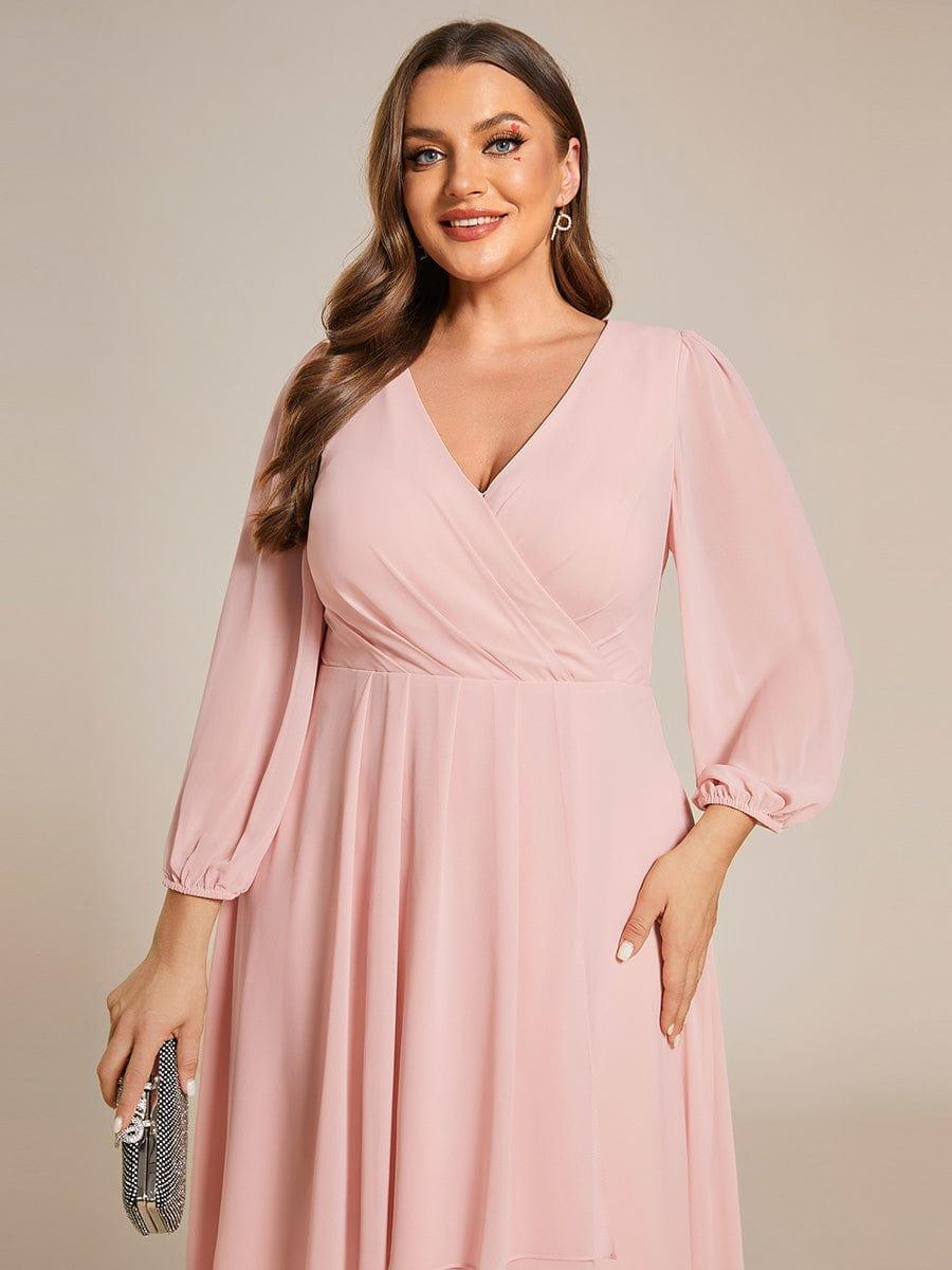 Elegant Long Sleeve V-Neck High Low Chiffon Wedding Guest Dress #color_Pink