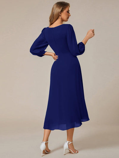 Chiffon Long Sleeve V-Neck High Low Wedding Guest Dress #color_Royal Blue