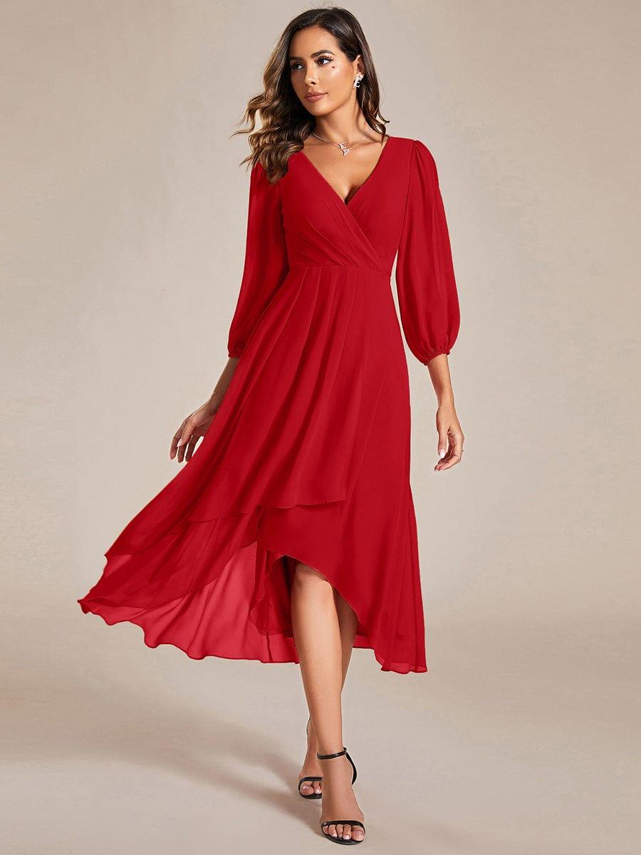 Chiffon Long Sleeve V-Neck High Low Wedding Guest Dress #color_Red