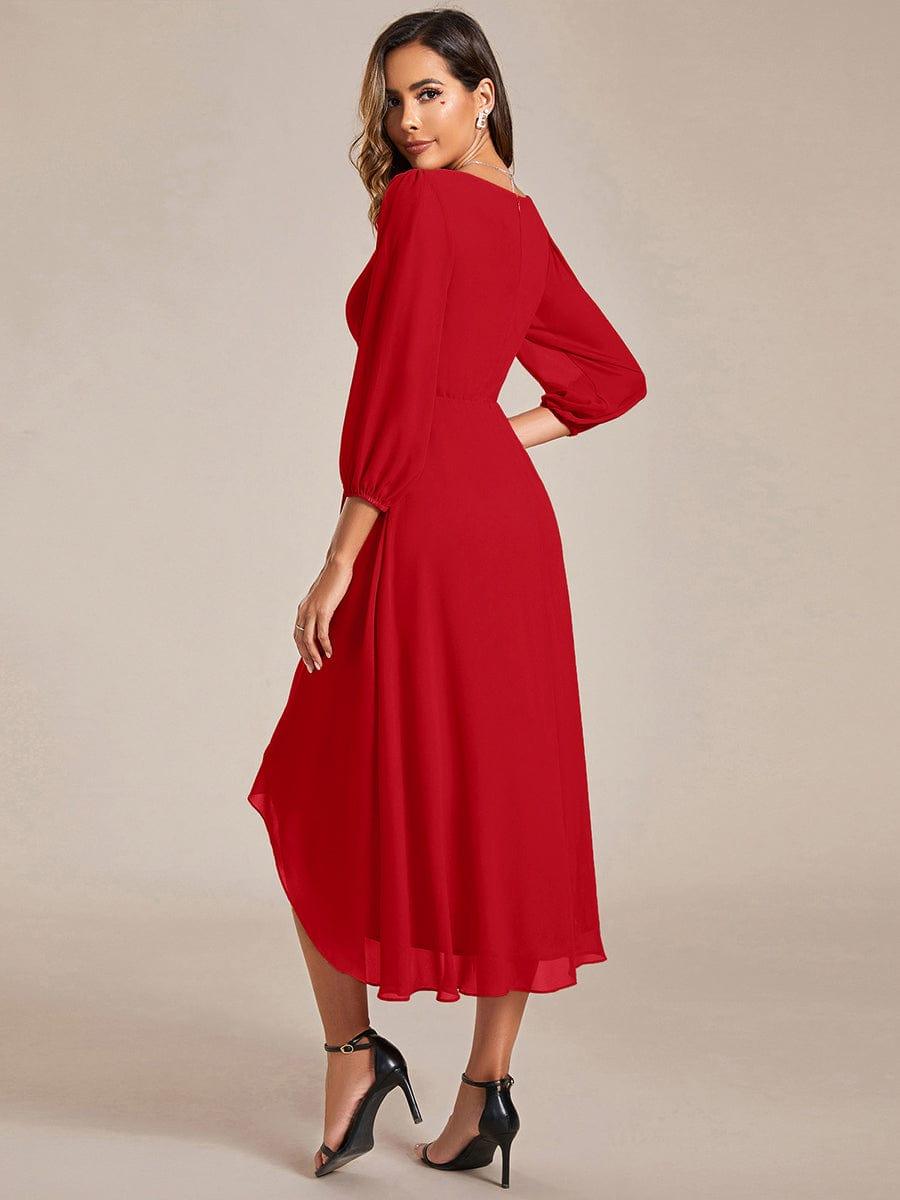 Chiffon Long Sleeve V-Neck High Low Wedding Guest Dress #color_Red