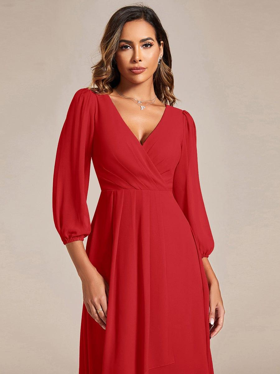 Chiffon Long Sleeve V-Neck High Low Wedding Guest Dress #color_Red