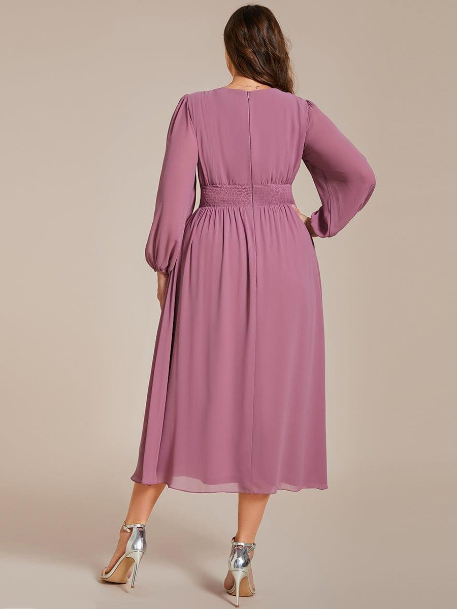 Elegant V Neck Long Sleeves Midi Wedding Guest Dress #color_Purple Orchid