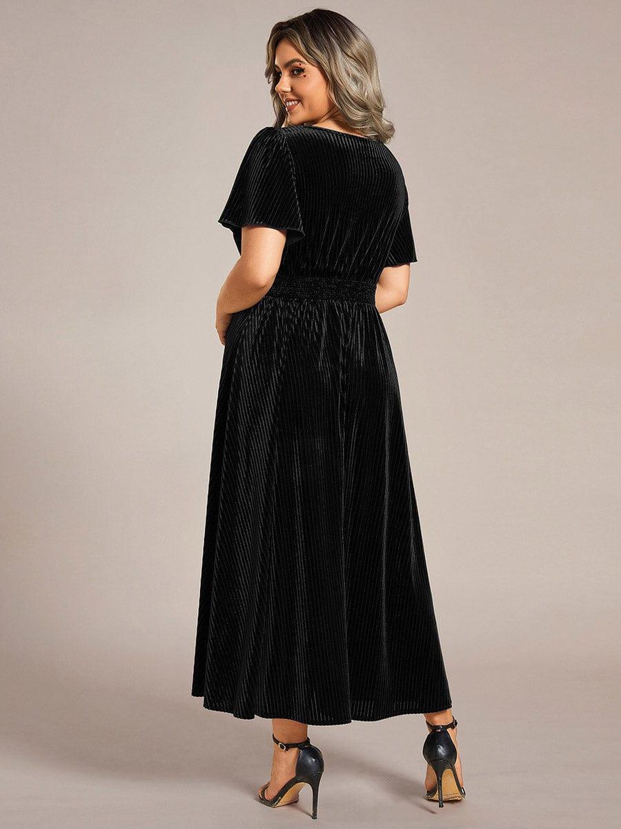 Striped Velvet Flutter Sleeves V-Neck Midi Evening Dress #color_Black