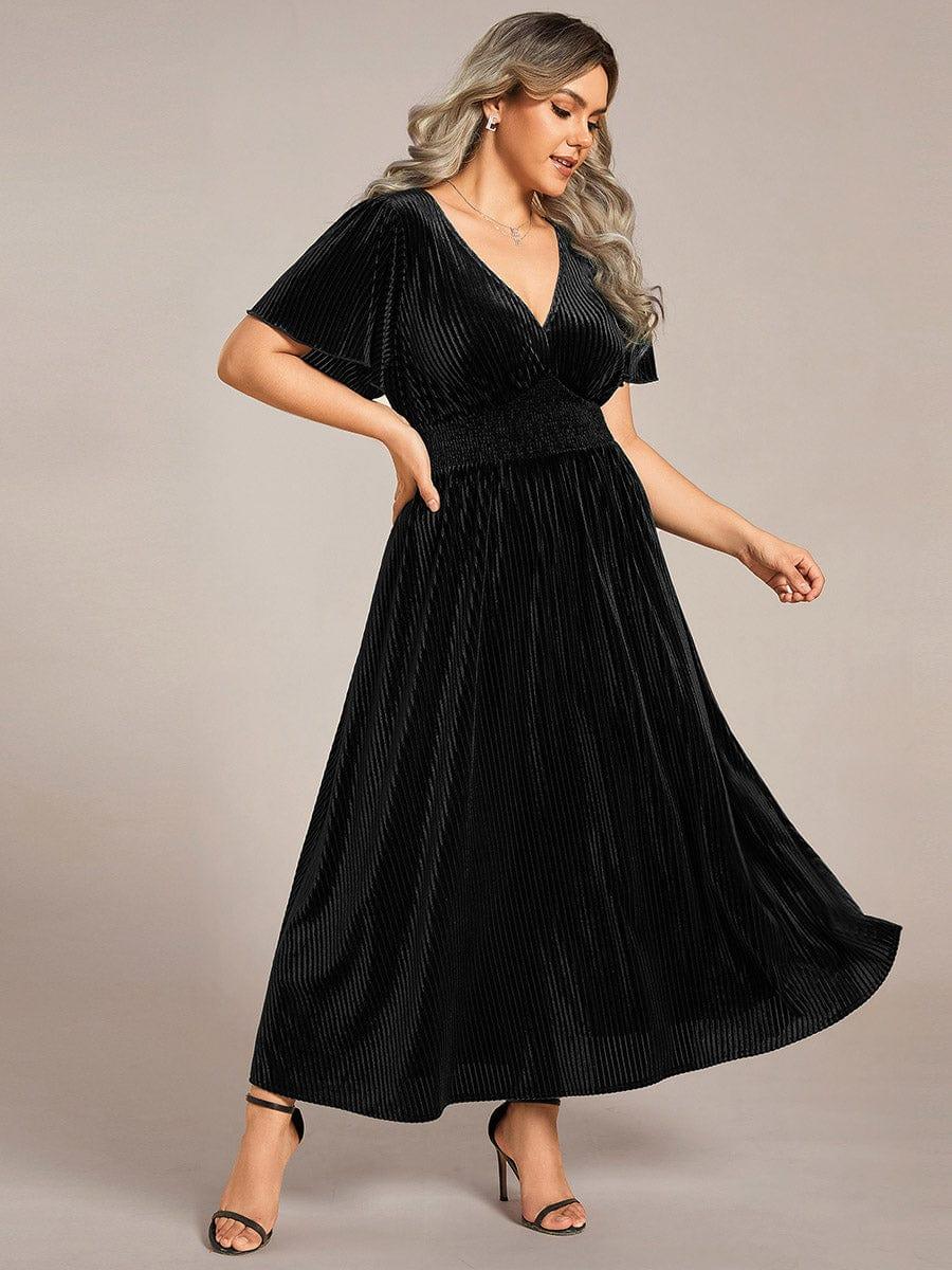 Striped Velvet Flutter Sleeves V-Neck Midi Evening Dress #color_Black