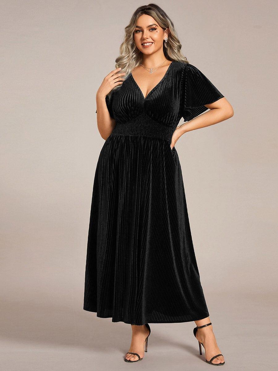 Striped Velvet Flutter Sleeves V-Neck Midi Evening Dress #color_Black