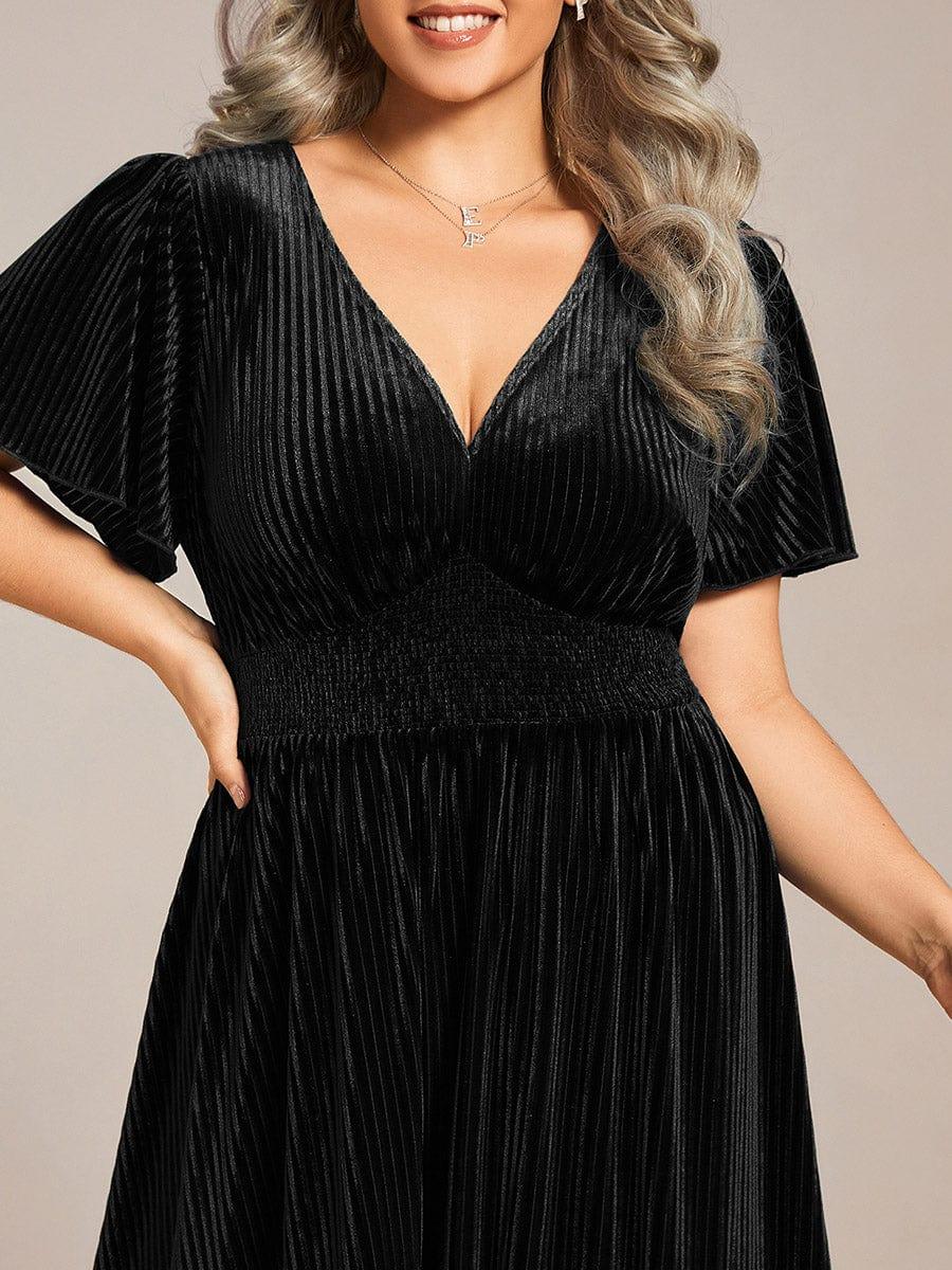 Striped Velvet Flutter Sleeves V-Neck Midi Evening Dress #color_Black