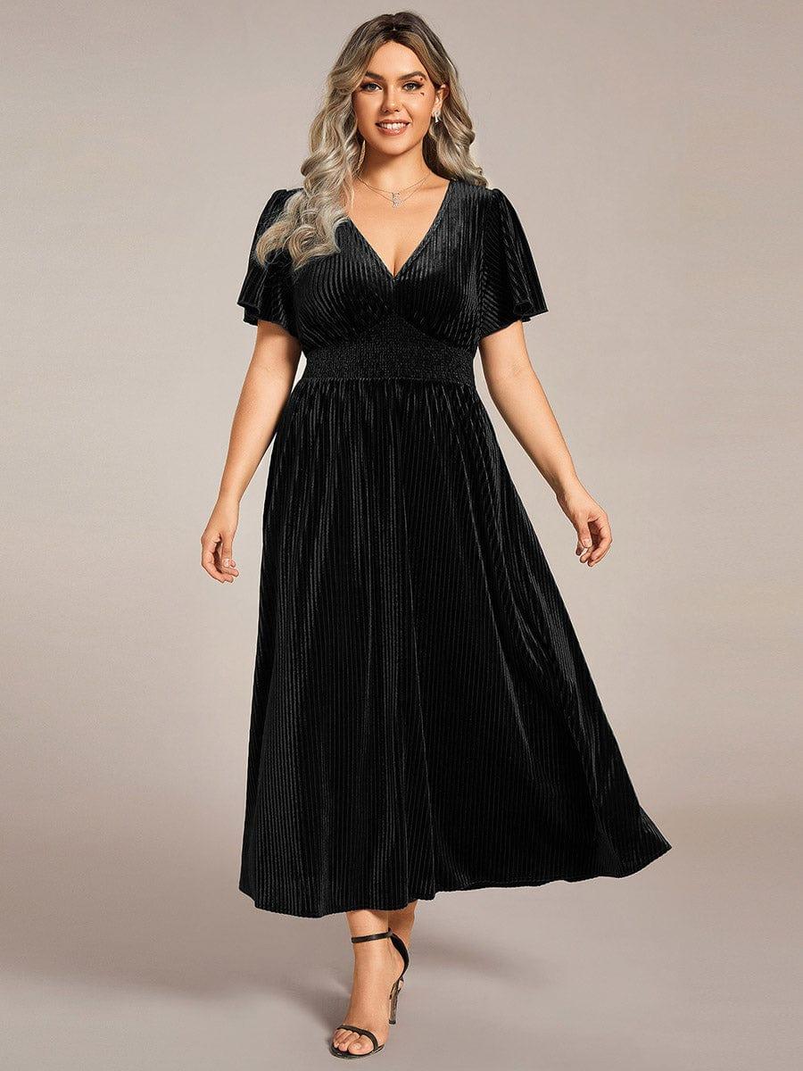 Striped Velvet Flutter Sleeves V-Neck Midi Evening Dress #color_Black