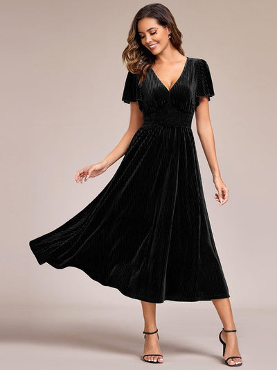 Striped Velvet Flutter Sleeves V-Neck Midi Wedding Guest Dress #color_Black
