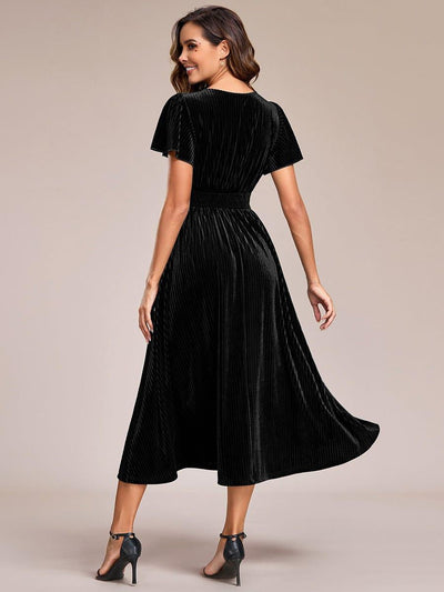 Striped Velvet Flutter Sleeves V-Neck Midi Wedding Guest Dress #color_Black