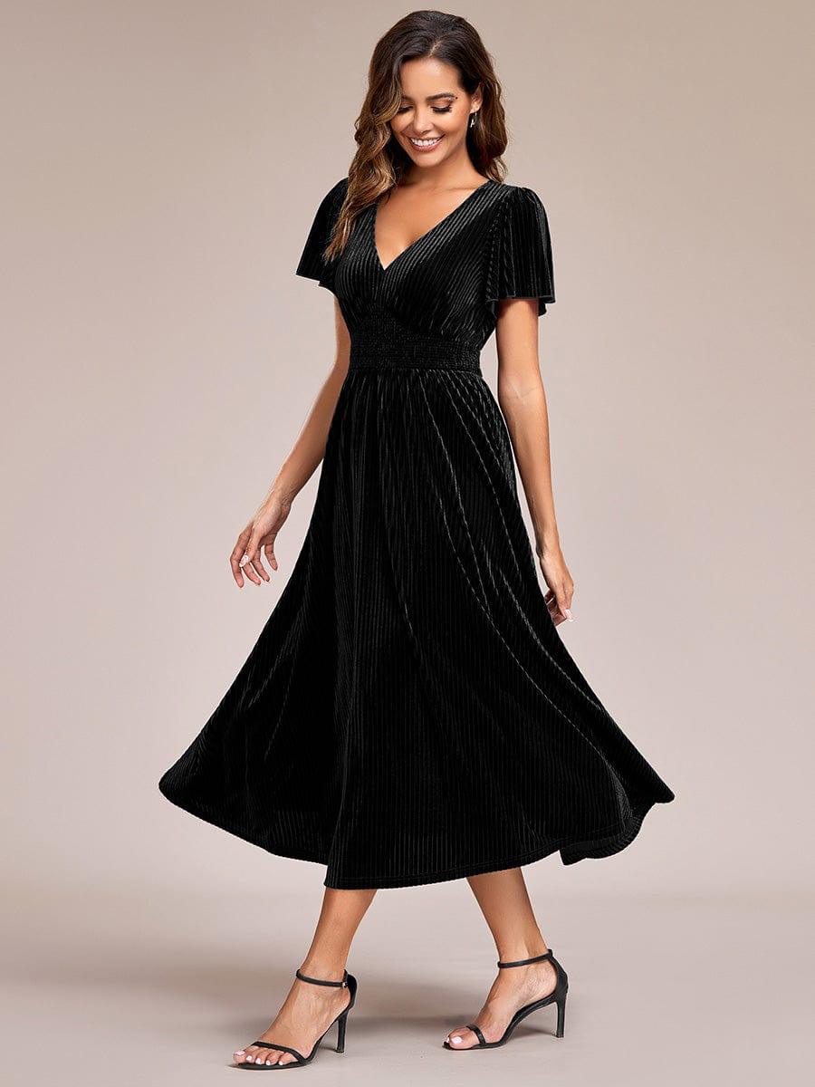 Striped Velvet Flutter Sleeves V-Neck Midi Evening Dress #color_Black
