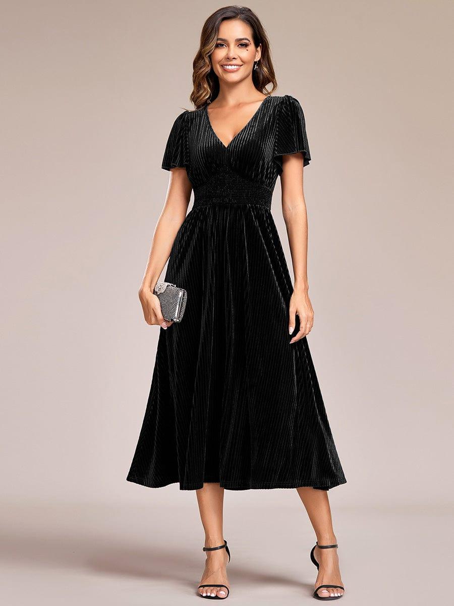 Striped Velvet Flutter Sleeves V-Neck Midi Evening Dress #color_Black