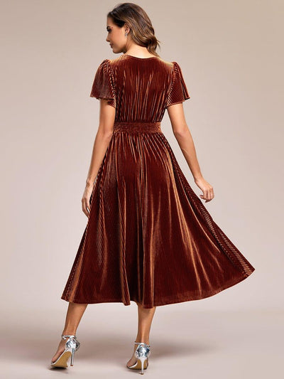 Striped Velvet Flutter Sleeves V-Neck Midi Evening Dress #color_Caramel