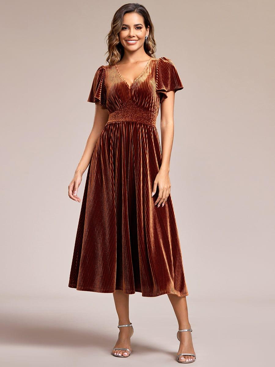 Striped Velvet Flutter Sleeves V-Neck Midi Evening Dress #color_Caramel
