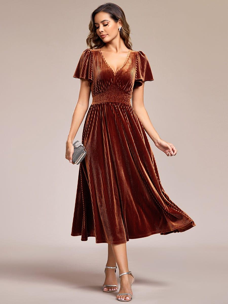 Striped Velvet Flutter Sleeves V-Neck Midi Evening Dress #color_Caramel