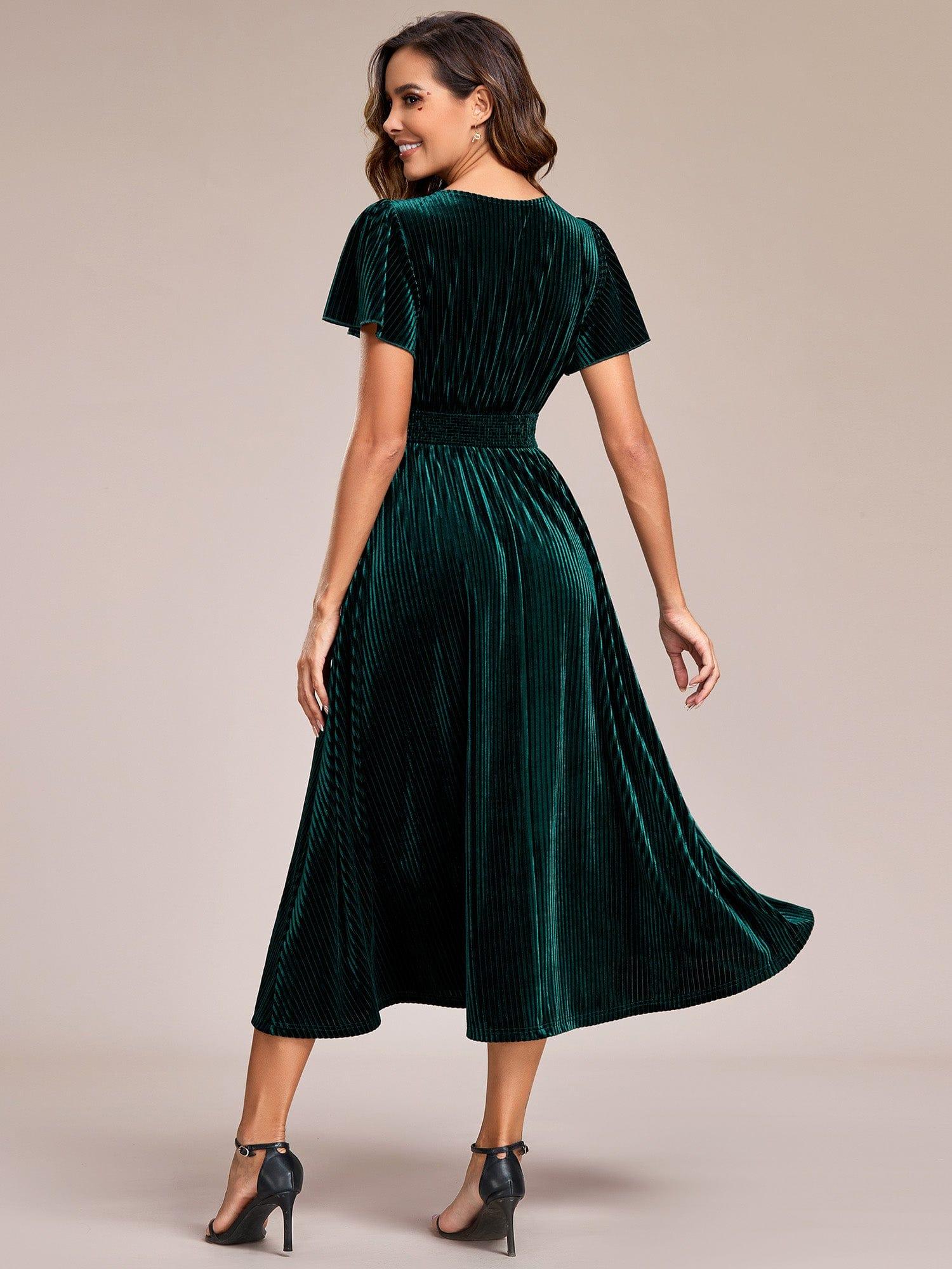 Striped Velvet Flutter Sleeves V-Neck Midi Evening Dress #color_Dark Green