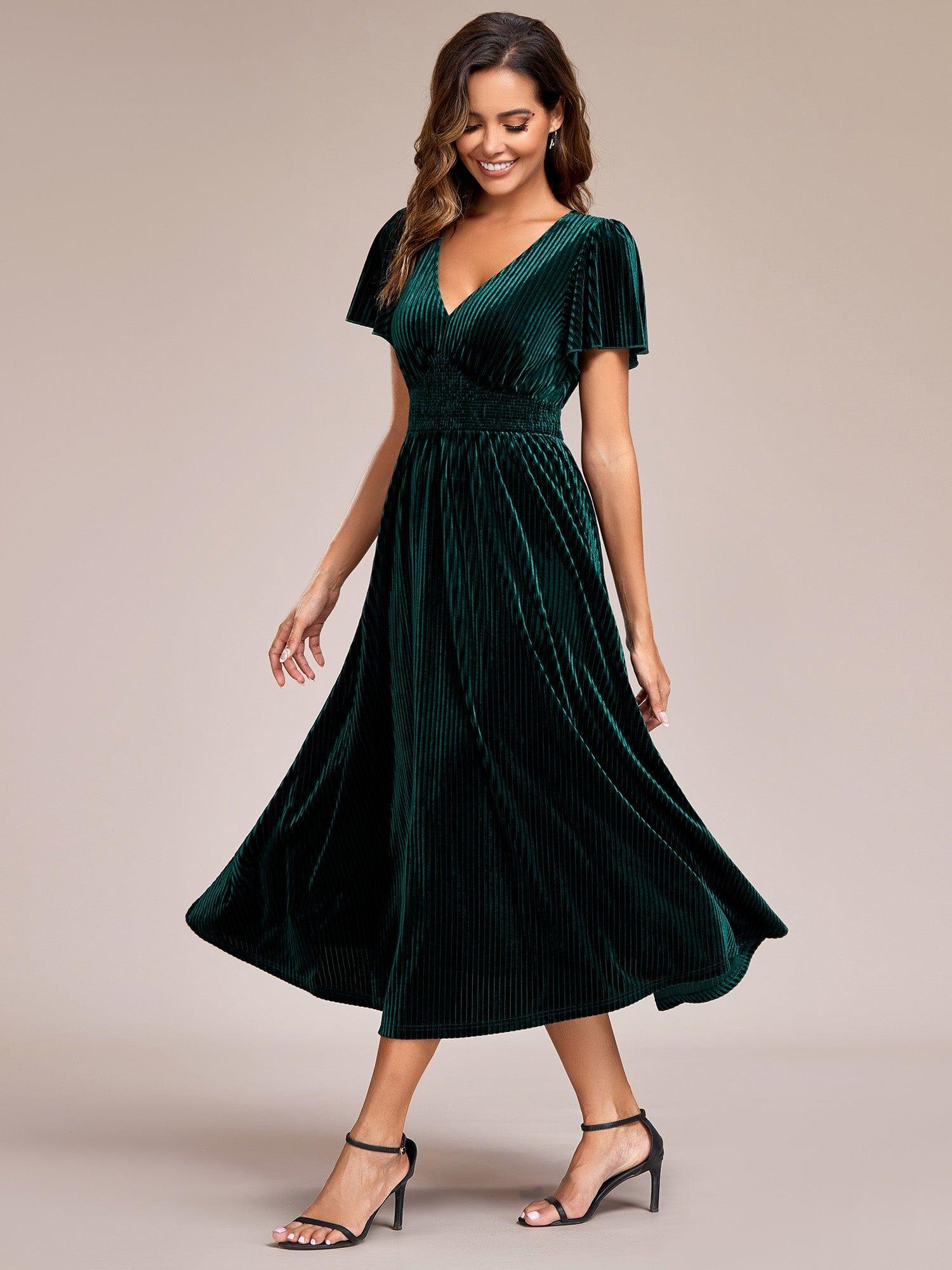 Striped Velvet Flutter Sleeves V-Neck Midi Evening Dress #color_Dark Green