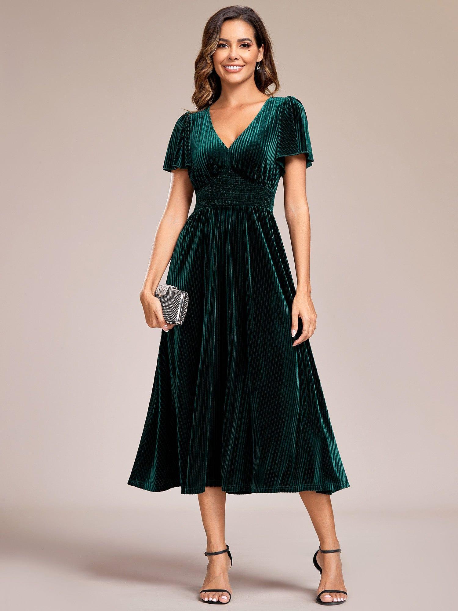 Striped Velvet Flutter Sleeves V-Neck Midi Evening Dress #color_Dark Green