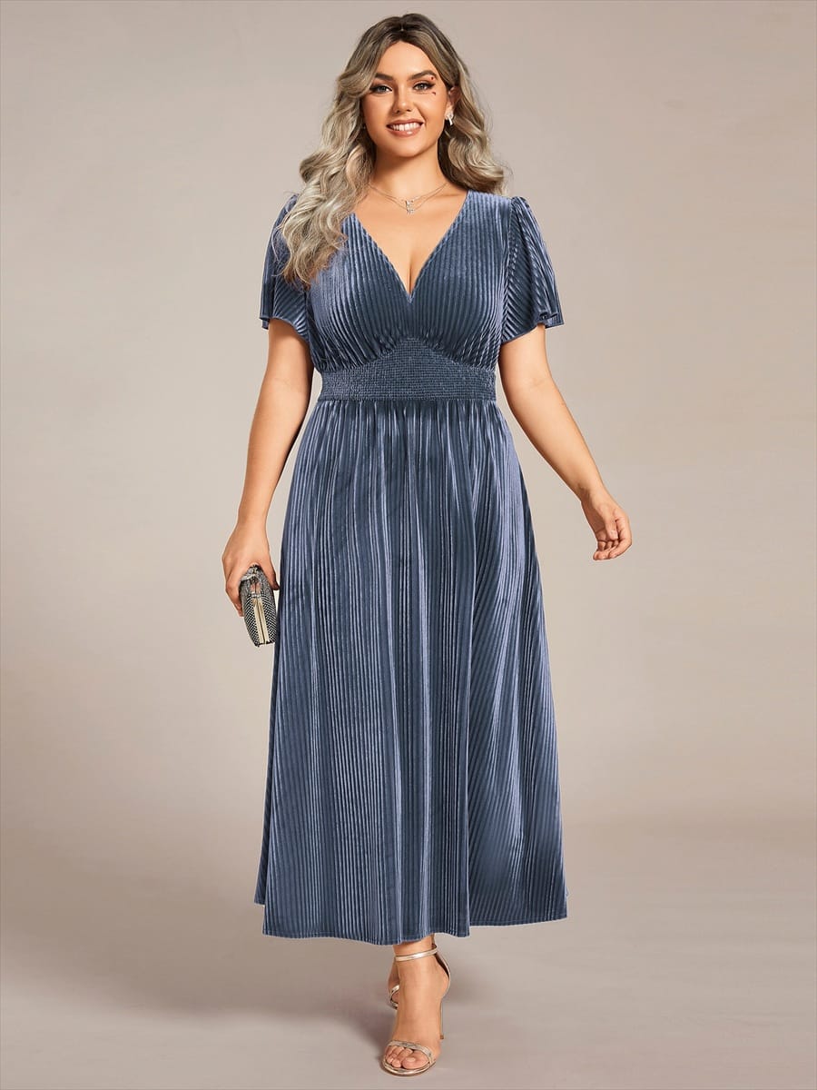 Striped Velvet Flutter Sleeves V-Neck Midi Wedding Guest Dress #color_Dusty Blue