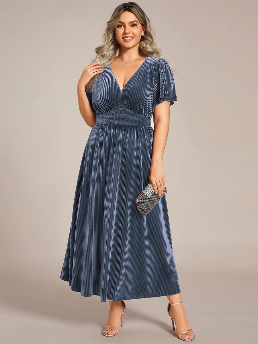 Striped Velvet Flutter Sleeves V-Neck Midi Wedding Guest Dress #color_Dusty Blue