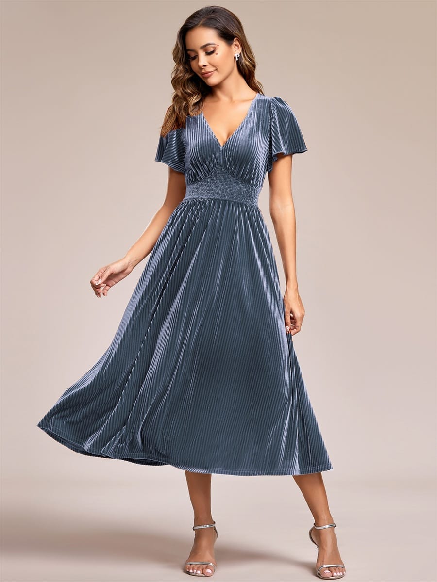 Striped Velvet Flutter Sleeves V-Neck Midi Evening Dress #color_Dusty Blue