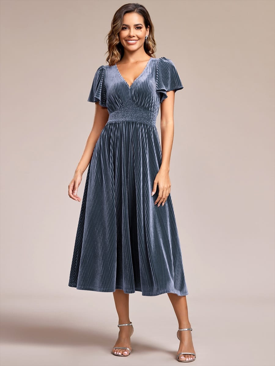 Striped Velvet Flutter Sleeves V-Neck Midi Wedding Guest Dress #color_Dusty Blue