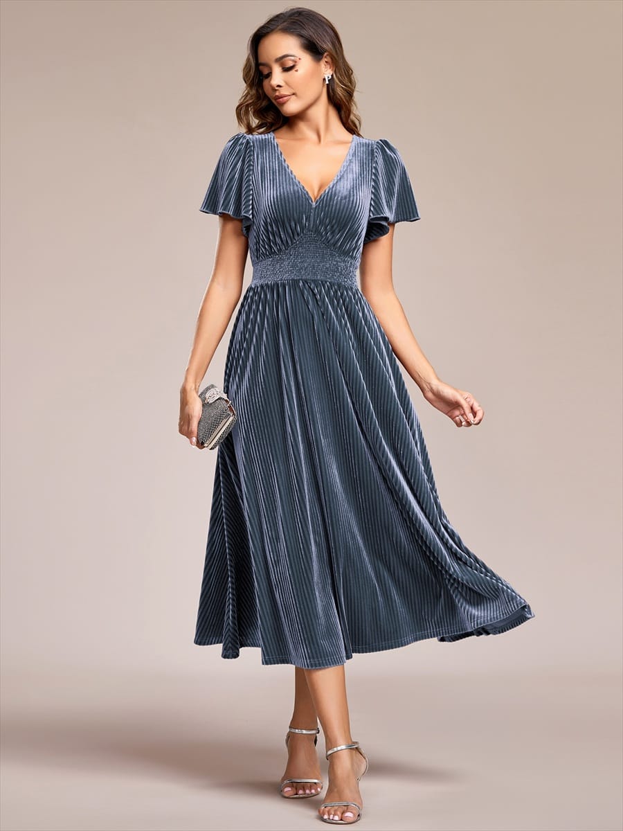 Striped Velvet Flutter Sleeves V-Neck Midi Evening Dress #color_Dusty Blue