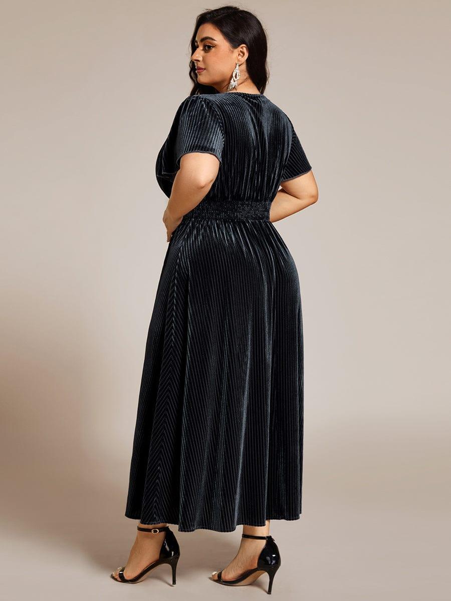 Striped Velvet Flutter Sleeves V-Neck Midi Evening Dress #color_Grey Blue