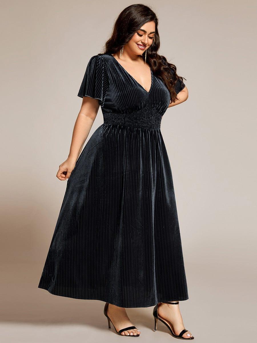 Striped Velvet Flutter Sleeves V-Neck Midi Evening Dress #color_Grey Blue