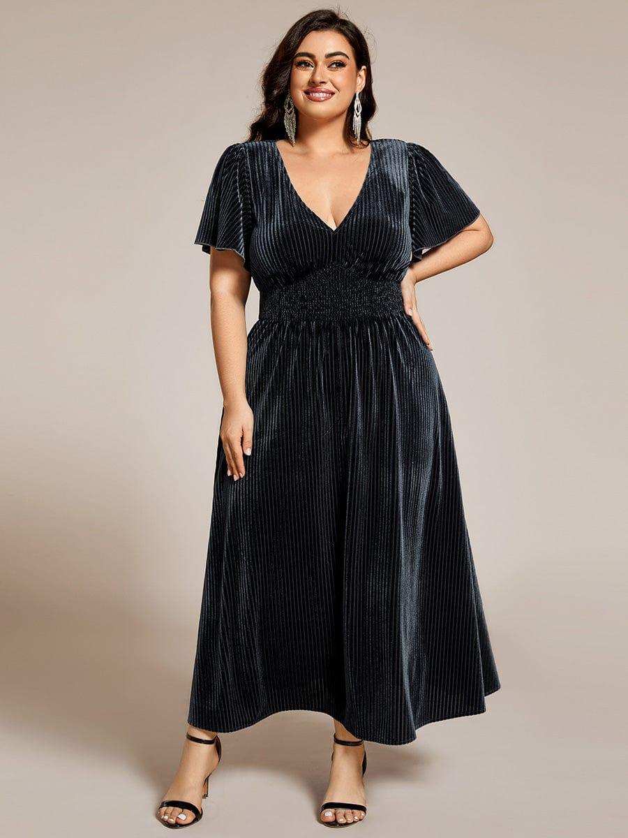 Striped Velvet Flutter Sleeves V-Neck Midi Evening Dress #color_Grey Blue
