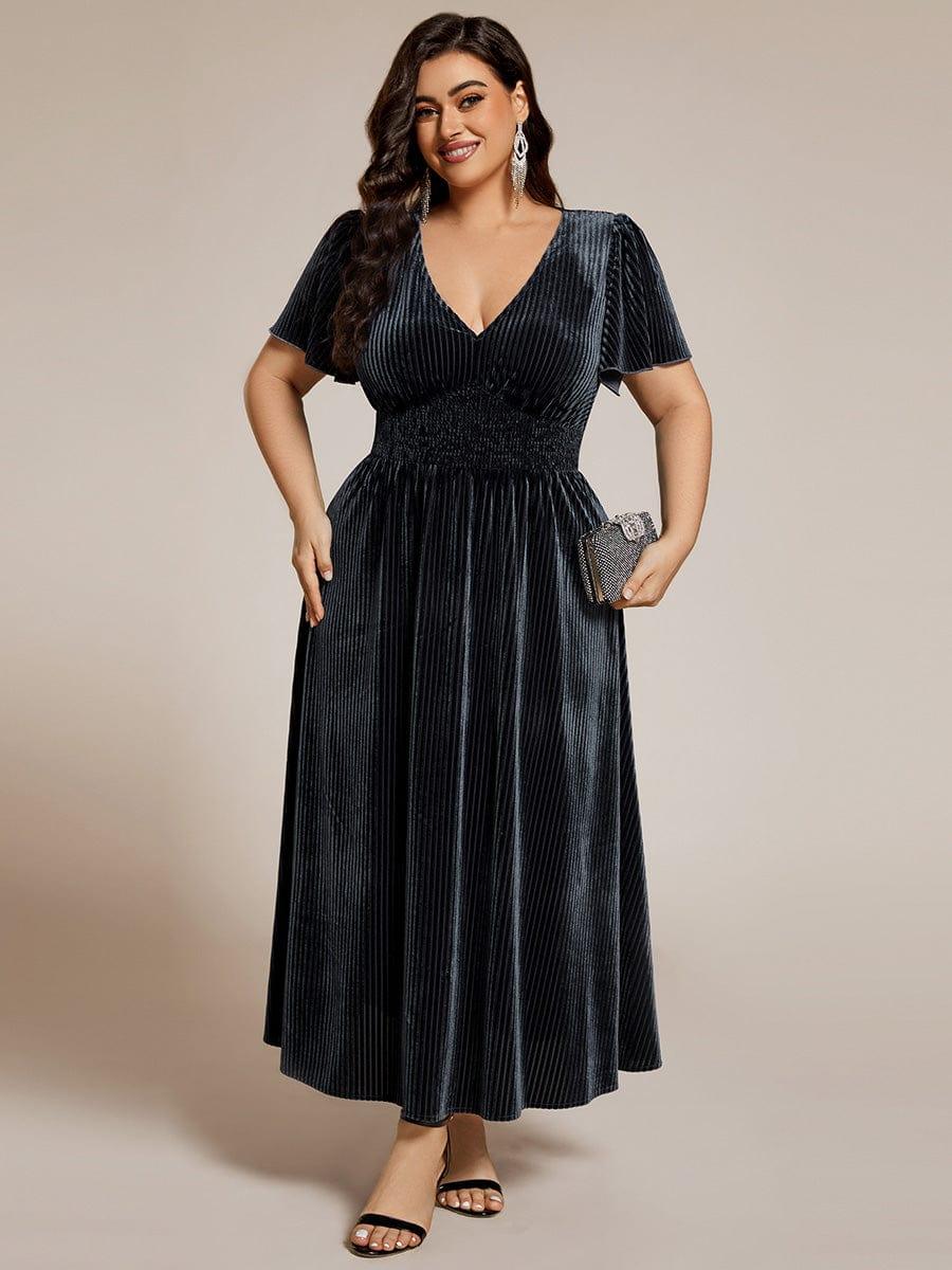 Striped Velvet Flutter Sleeves V-Neck Midi Evening Dress #color_Grey Blue