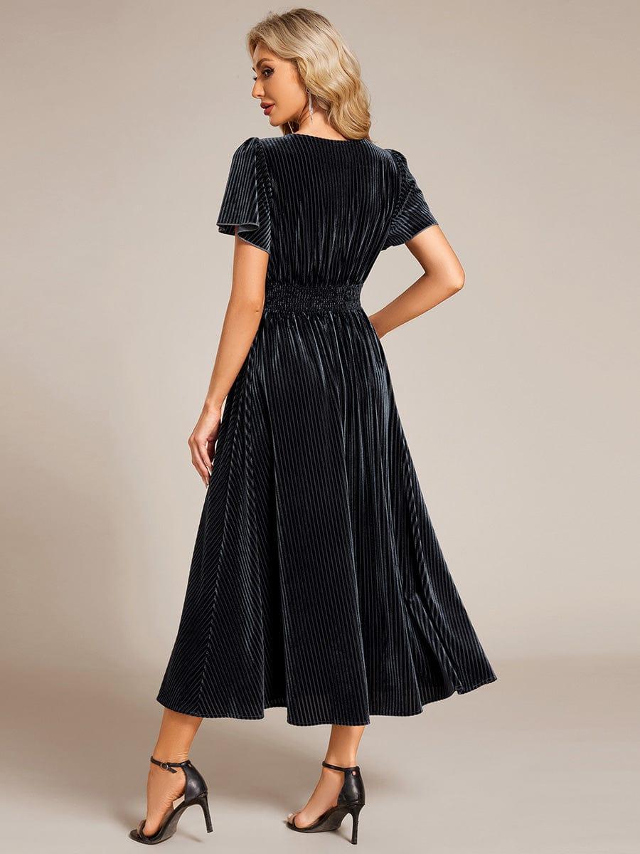 Striped Velvet Flutter Sleeves V-Neck Midi Evening Dress #color_Grey Blue