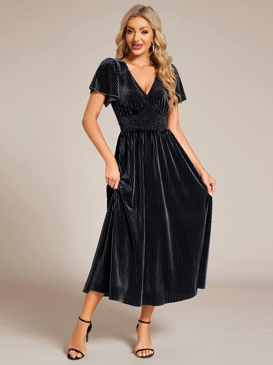 Striped Velvet Flutter Sleeves V-Neck Midi Evening Dress #color_Grey Blue