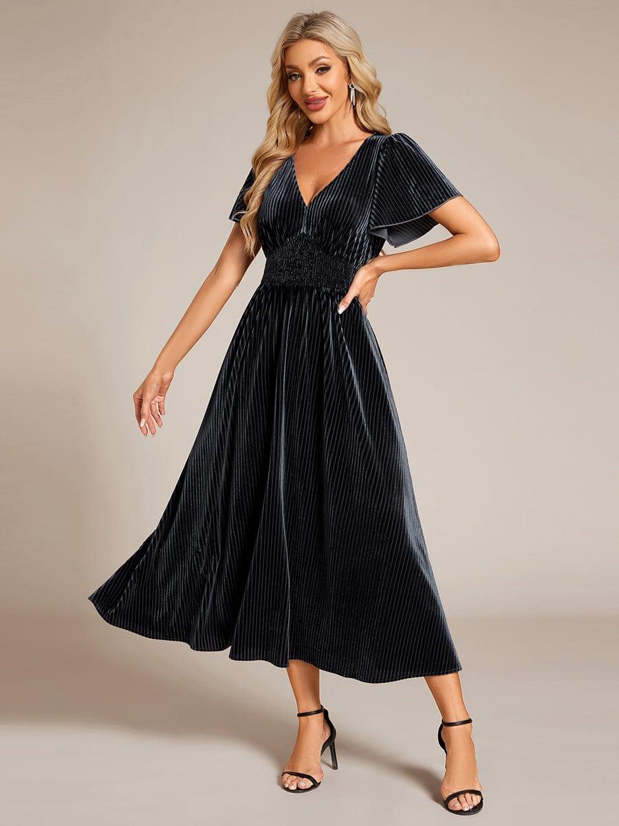 Striped Velvet Flutter Sleeves V-Neck Midi Evening Dress #color_Grey Blue