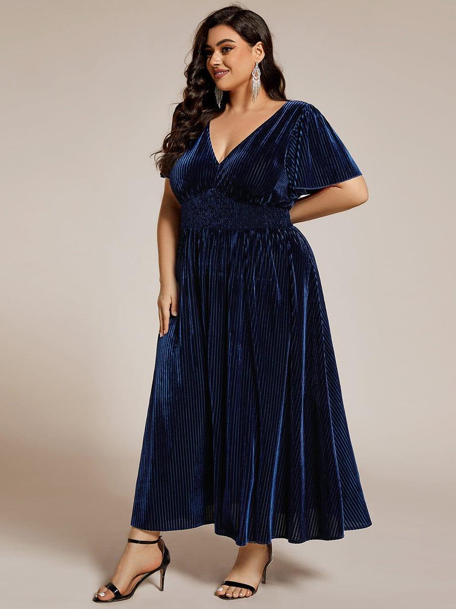 Striped Velvet Flutter Sleeves V-Neck Midi Evening Dress #color_Navy Blue