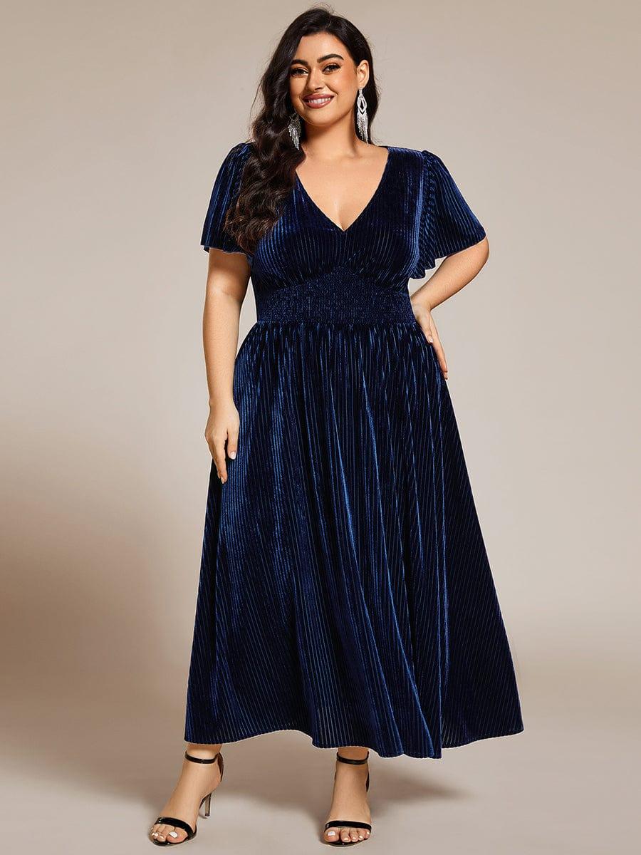Striped Velvet Flutter Sleeves V-Neck Midi Evening Dress #color_Navy Blue