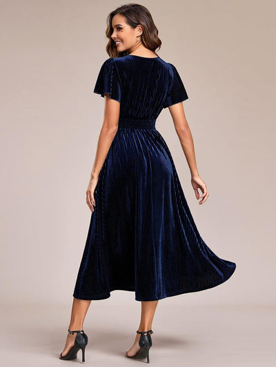 Striped Velvet Flutter Sleeves V-Neck Midi Evening Dress #color_Navy Blue