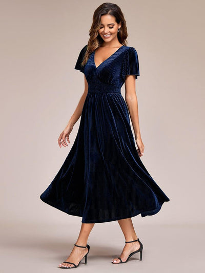 Striped Velvet Flutter Sleeves V-Neck Midi Evening Dress #color_Navy Blue