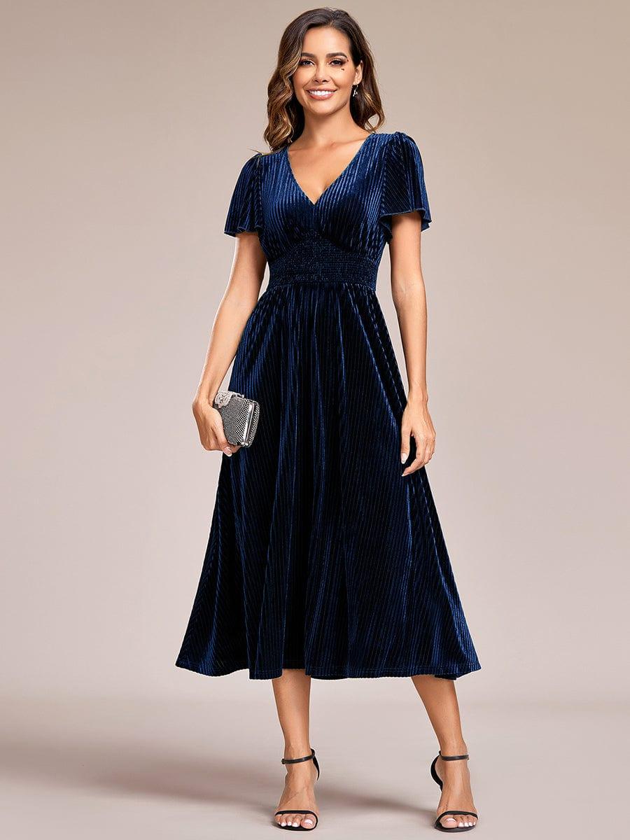 Striped Velvet Flutter Sleeves V-Neck Midi Evening Dress #color_Navy Blue
