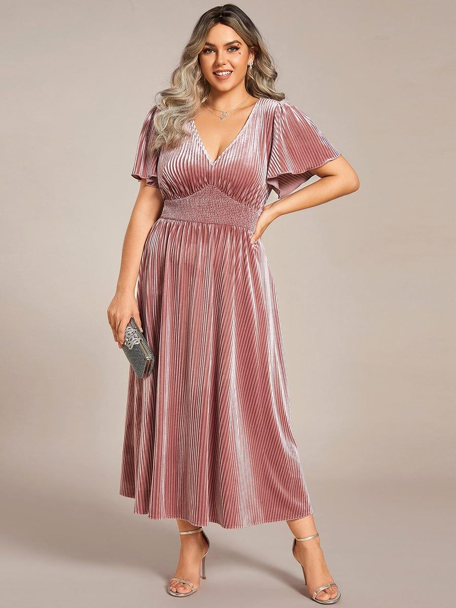 Striped Velvet Flutter Sleeves V-Neck Midi Evening Dress #color_Purple Orchid