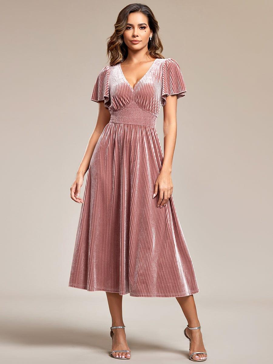 Striped Velvet Flutter Sleeves V-Neck Midi Evening Dress #color_Purple Orchid