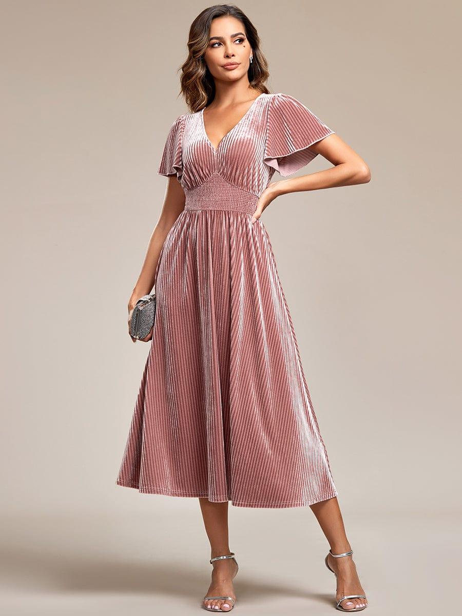 Striped Velvet Flutter Sleeves V-Neck Midi Evening Dress #color_Purple Orchid