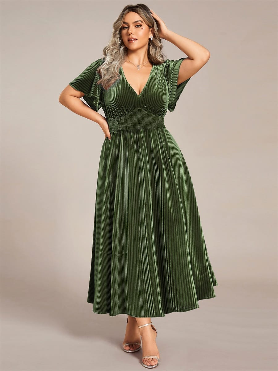 Plus Size A-line V-Neck Short Sleeve Velvet Wedding Guest Dress #color_Olive Green