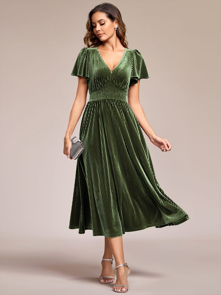 Striped Velvet Flutter Sleeves V-Neck Midi Wedding Guest Dress #color_Olive Green