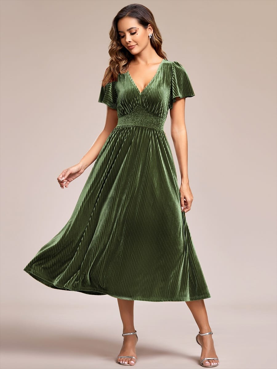 Striped Velvet Flutter Sleeves V-Neck Midi Wedding Guest Dress #color_Olive Green