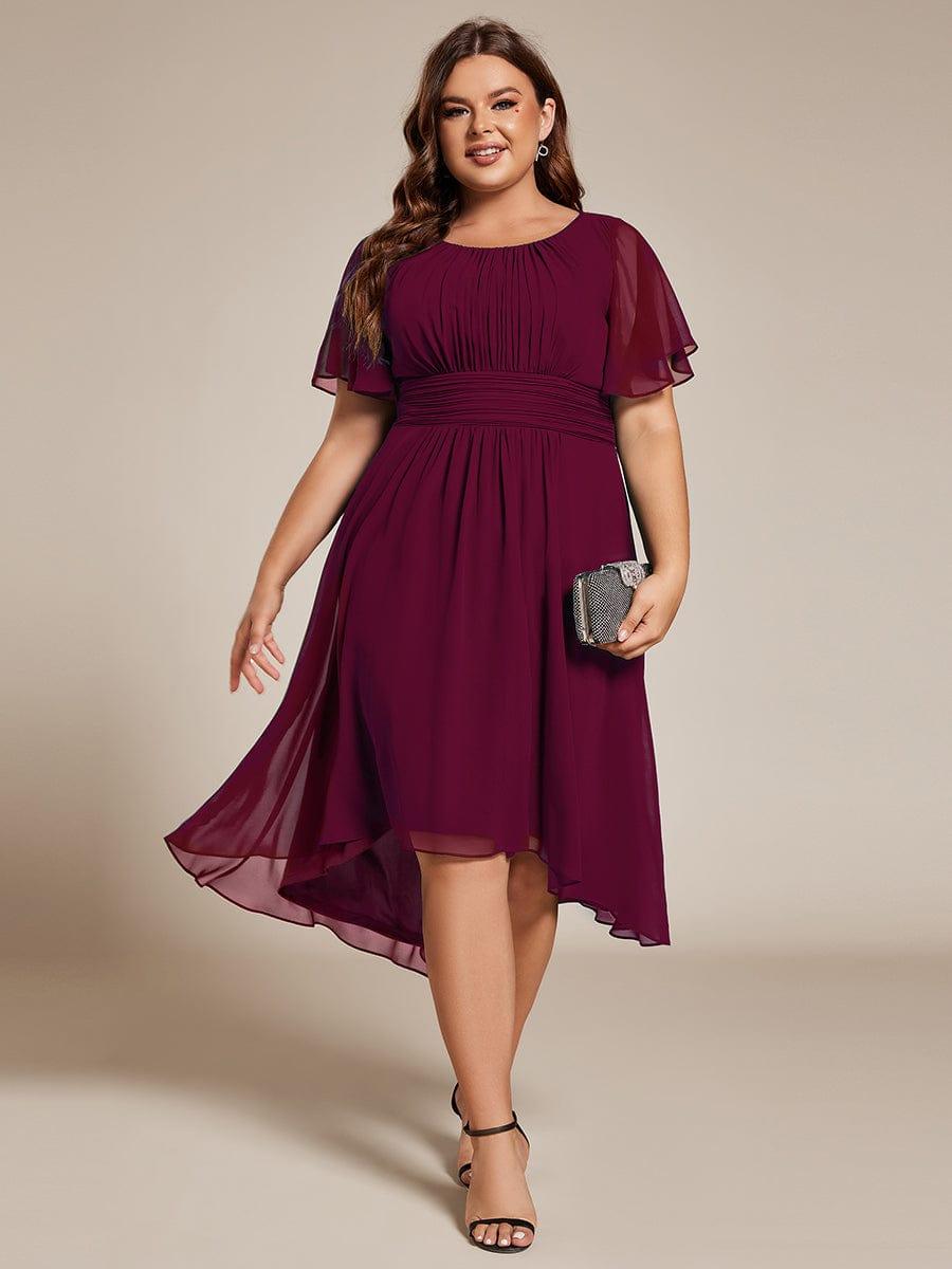 Flowy Chiffon Round Neckline A-Line Knee Length Wedding Guest Dress #color_Burgundy