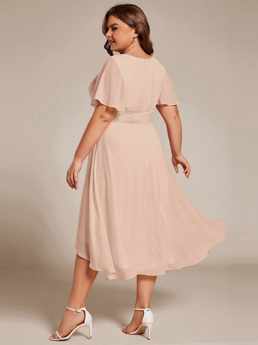 Flowy Chiffon Round Neckline A-Line Knee Length Wedding Guest Dress #color_Blush