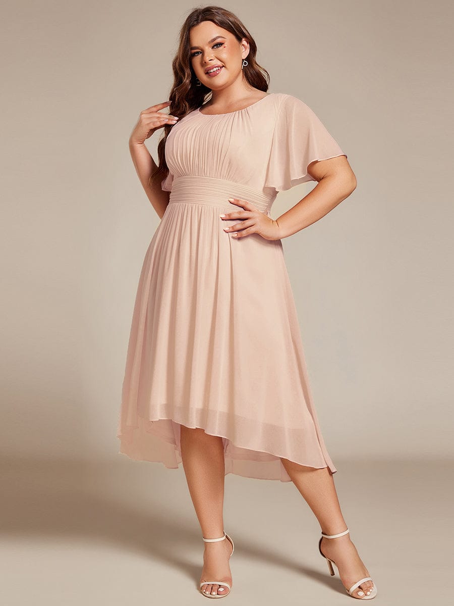 Flowy Chiffon Round Neckline A-Line Knee Length Wedding Guest Dress #color_Blush