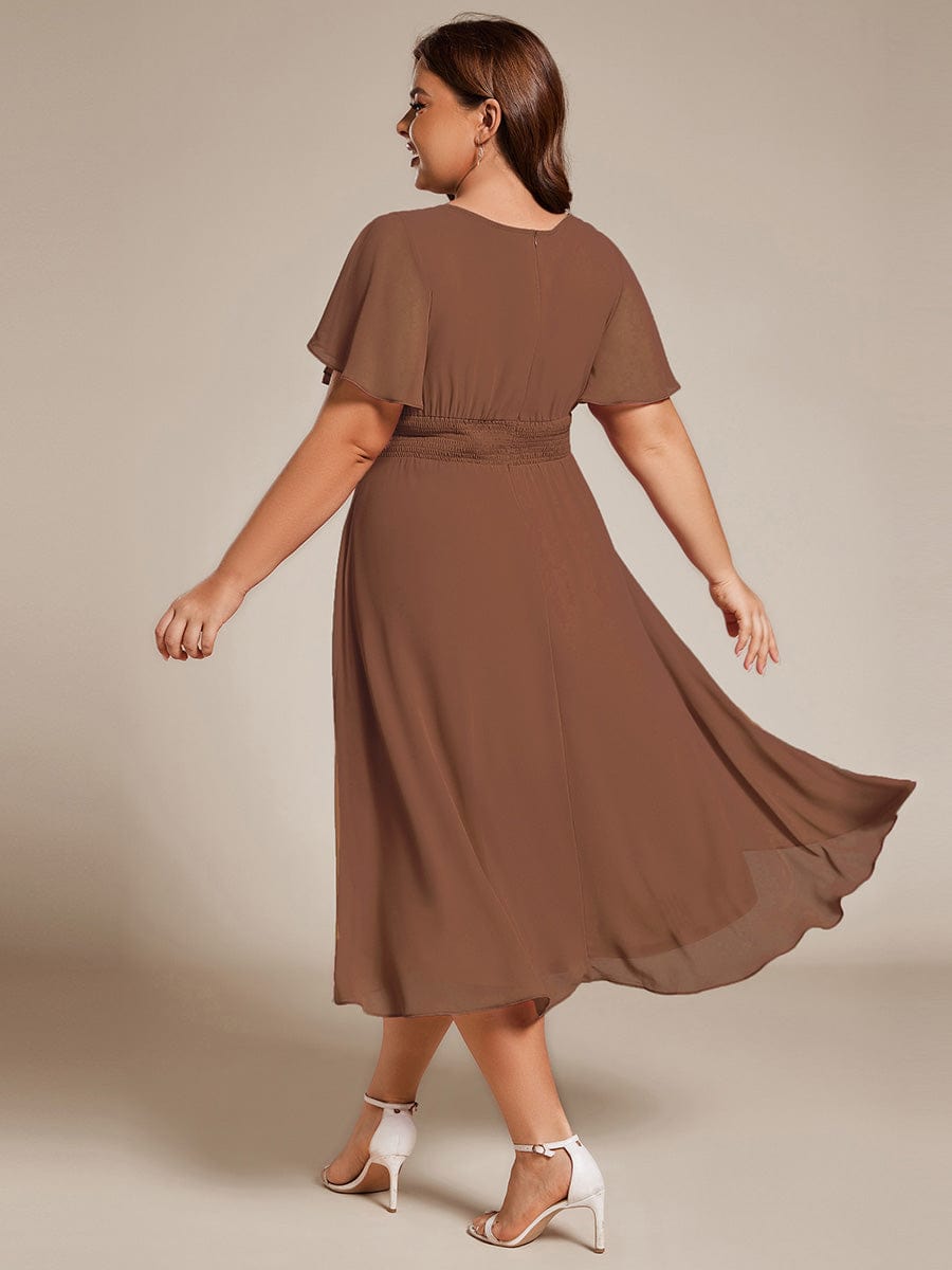 Flowy Chiffon Round Neckline A-Line Knee Length Wedding Guest Dress #Couleur_Brown